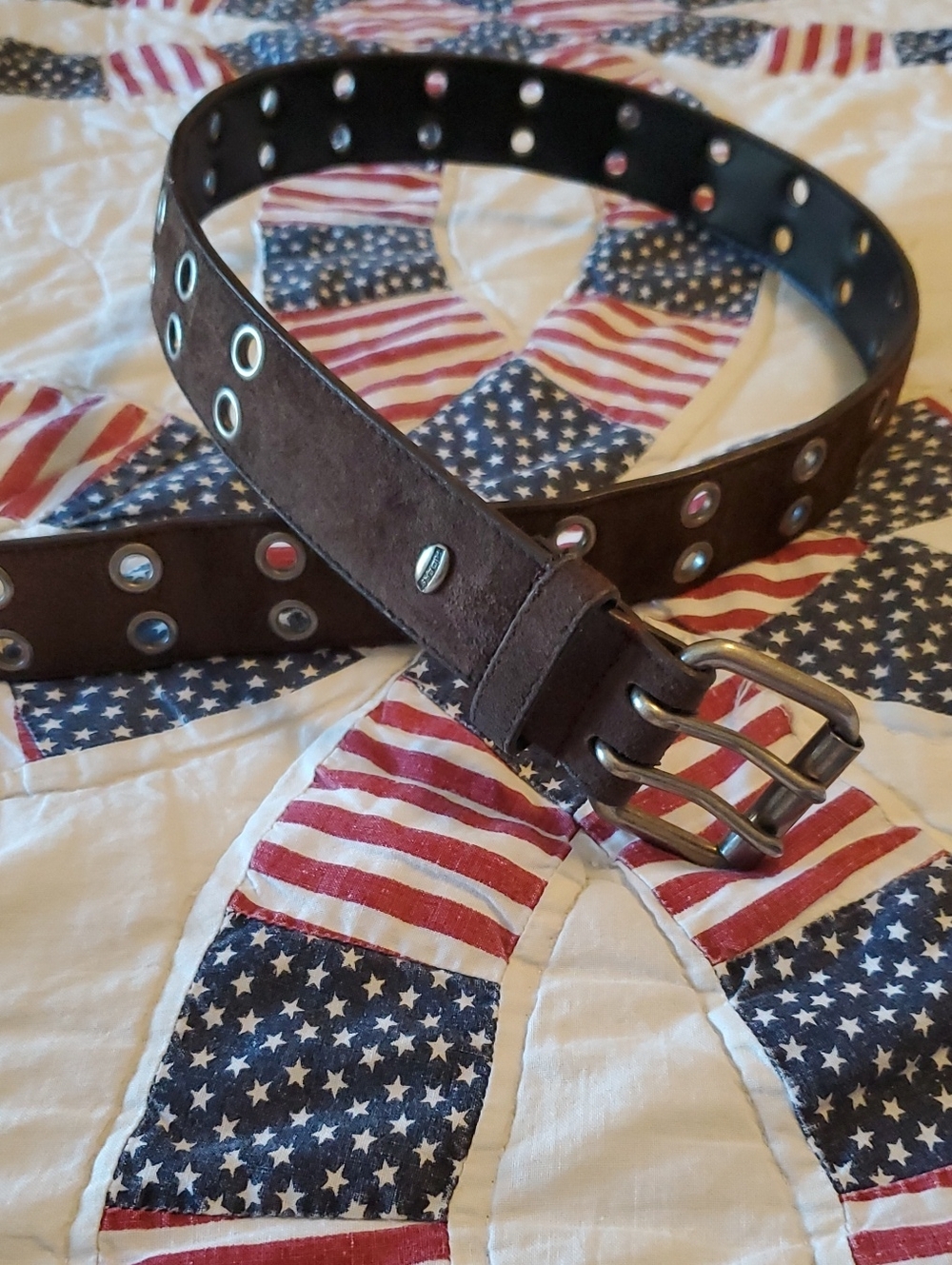 Brown Suede Grommet Belt with Double-Prong Buckle